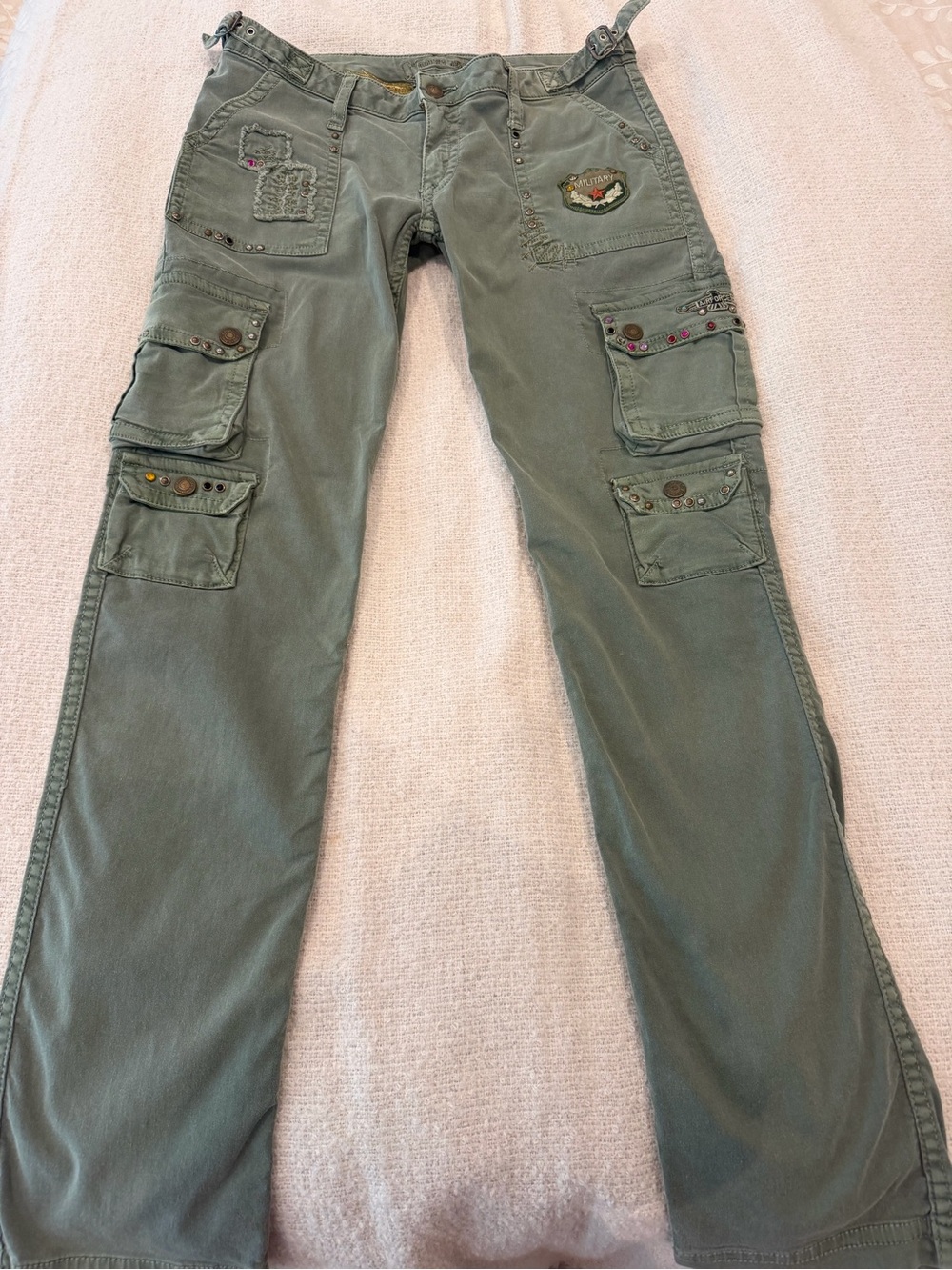 Robin's Jean Olive Green Jeans with Gold Wing Embroidery
